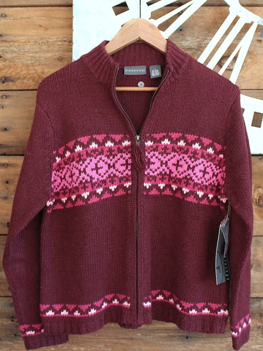 NWT Relativity Burgundy Fair Isle Full Zip Cardigan Sweater Pink White Size M